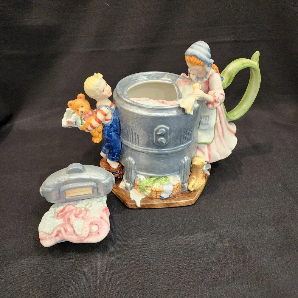 Vintage Ceramic Teapot Old Fashioned Ringer Washer Mom and Son, Rare